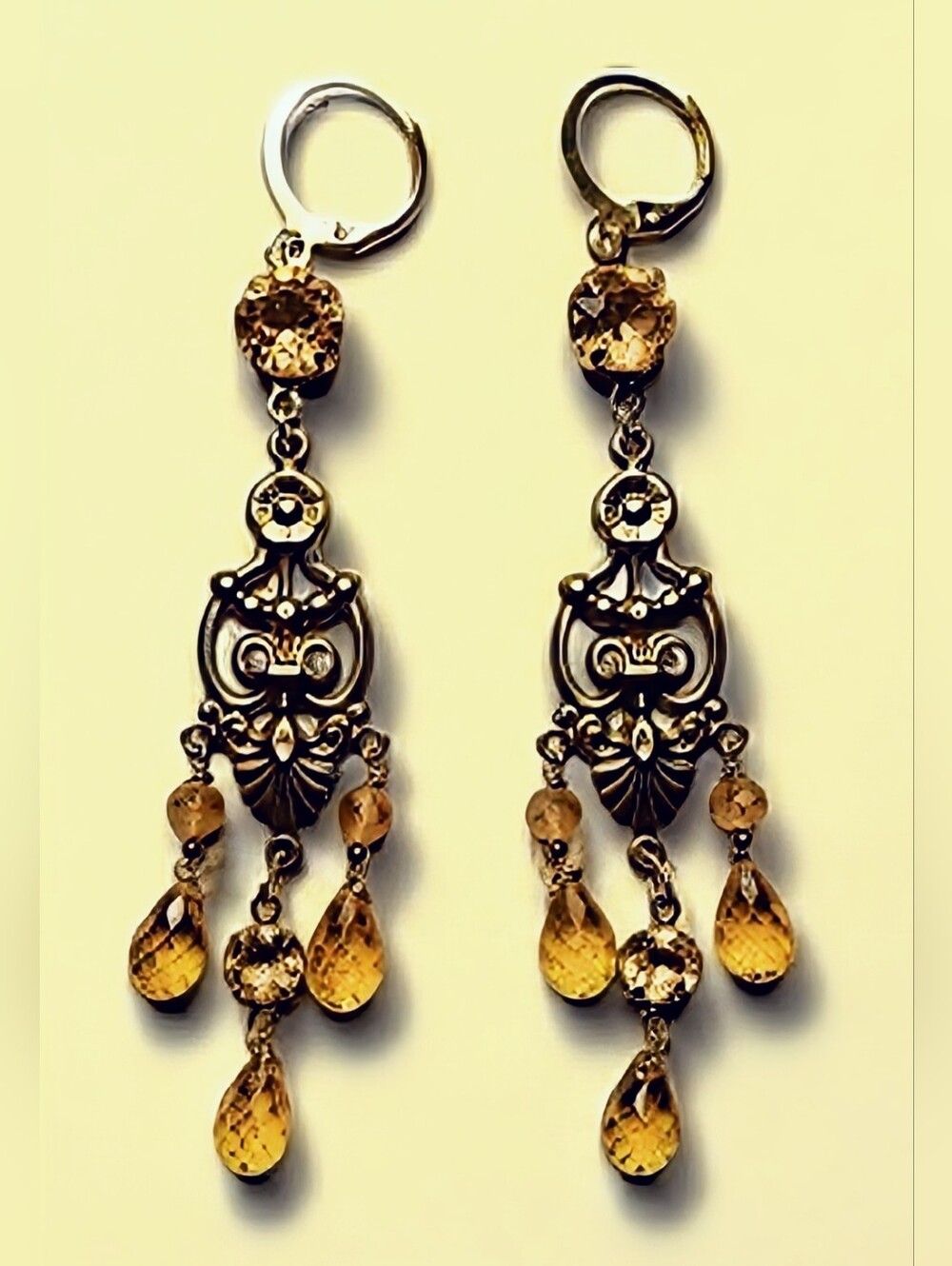 Victorian 5 Total Carats Approx Genuine CITRINE Chandelier Gold Plated Earrings